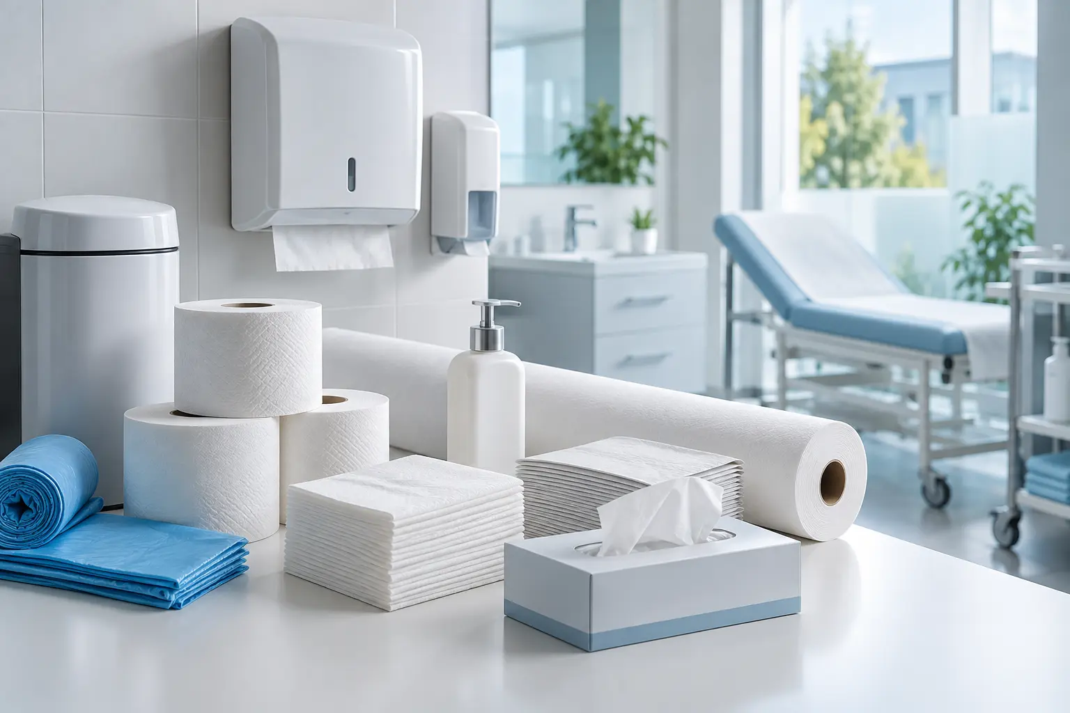Professional hygiene papers, dispensers and examination rolls