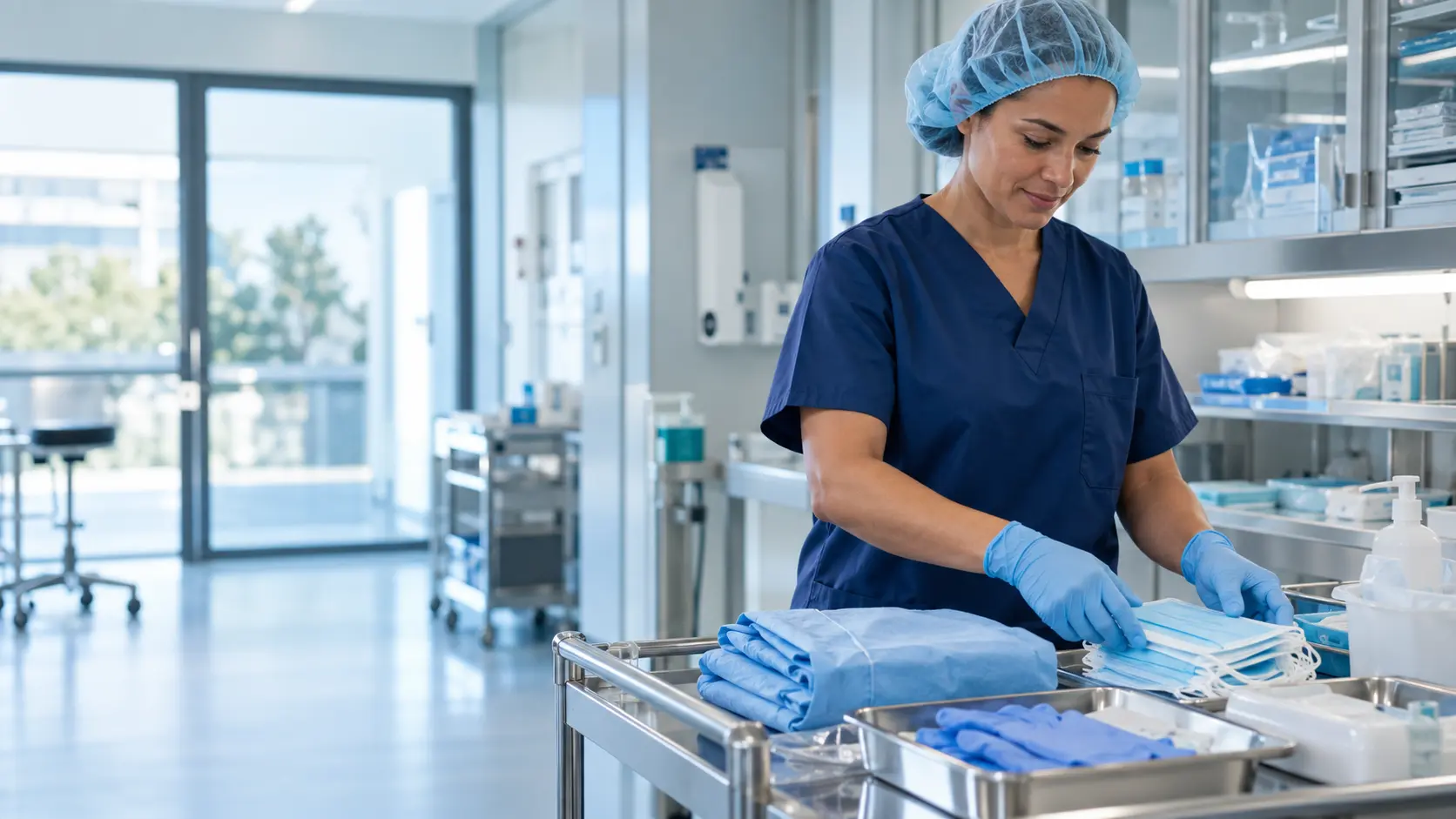 Healthcare professional preparing disposable medical protection equipment